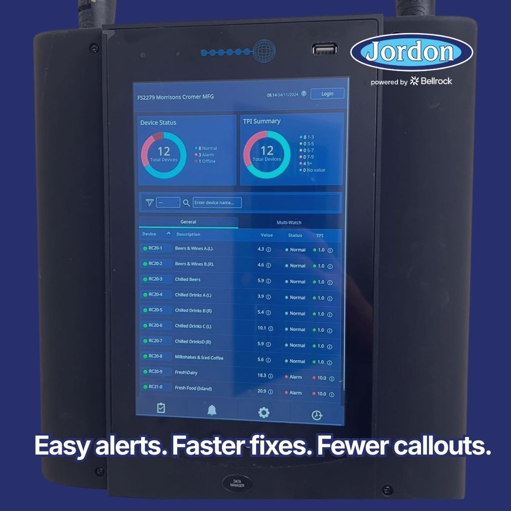 Remote monitoring dashboard displayed on a Jordon powered by Bellrock unit, showing device status and performance indicators
